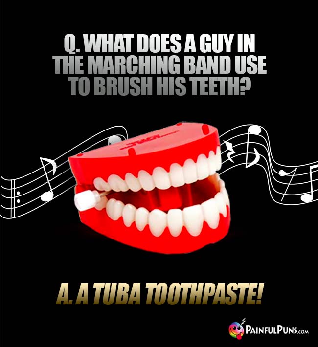 Q. What does a guy in the marching band use to brush his teeth? A. A tuba toothpaste!